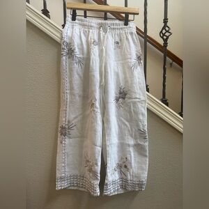 Johnny Was White Linen Embroidered Women’s Linen Crop  Pants